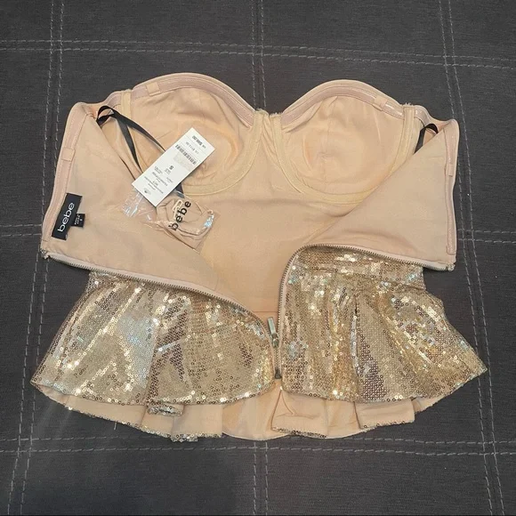 Bebe Gold Sequin Sparkly Strapless Peplum Top NWOT - Picture 11 of 15